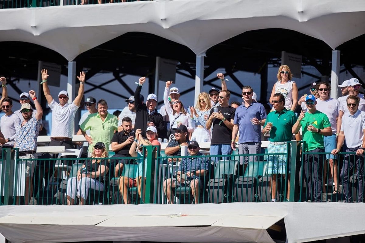 Feb. 12, 2022; Scottsdale Arizona, USA; Fans sit and cheer in the grandstands on hole 16 during Round 3 at the WM Phoenix Open.

Wm Phx Open Round 3