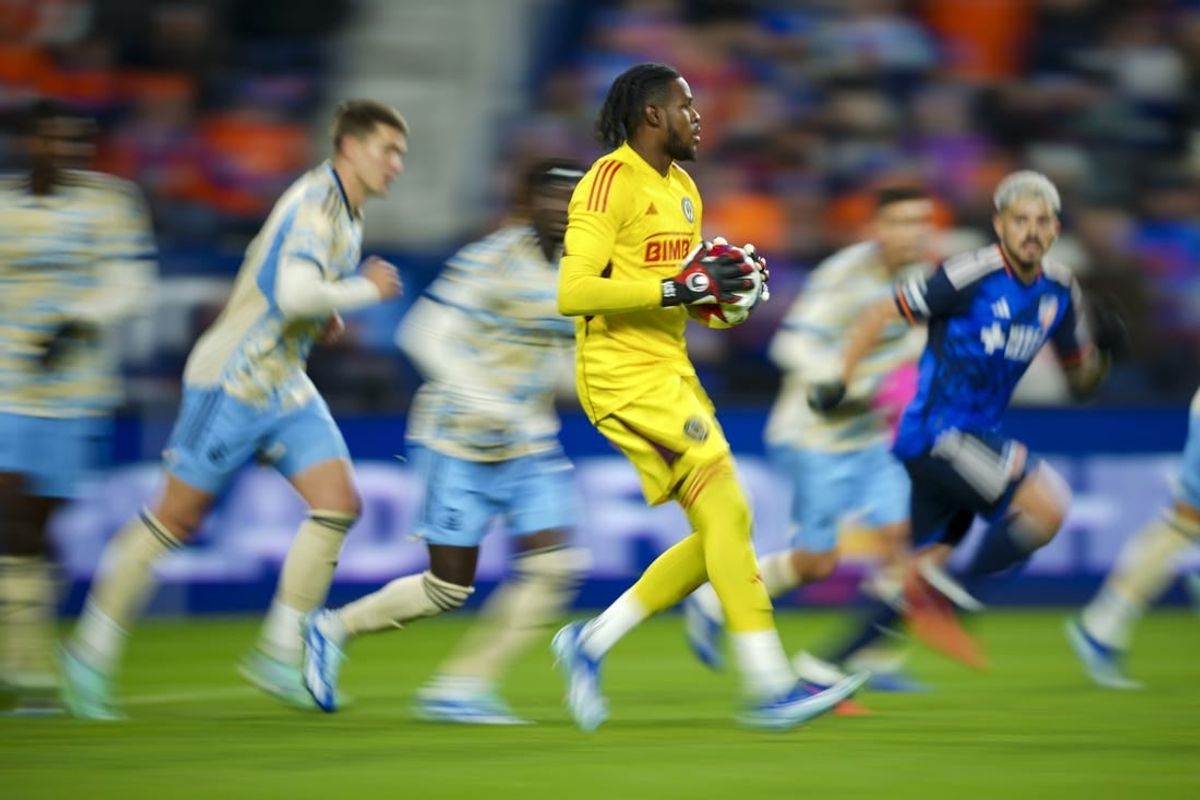 Nov 25, 2023; Cincinnati, Ohio, USA; Philadelphia Union goalkeeper Andre Blake (18) controls the ball against FC Cincinnati in the first half in a MLS Cup Eastern Conference Semifinal match at TQL Stadium.