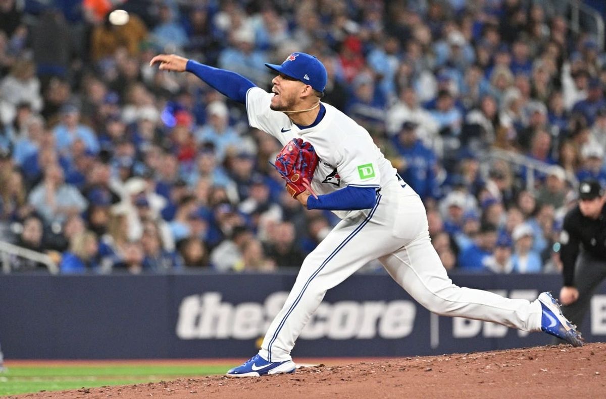 Apr 8, 2024; Toronto, Ontario, CAN; Toronto Blue Jays pitcher Jose Berrios delivers a pitch against the Seattle Mariners in the third inning at Rogers Centre.