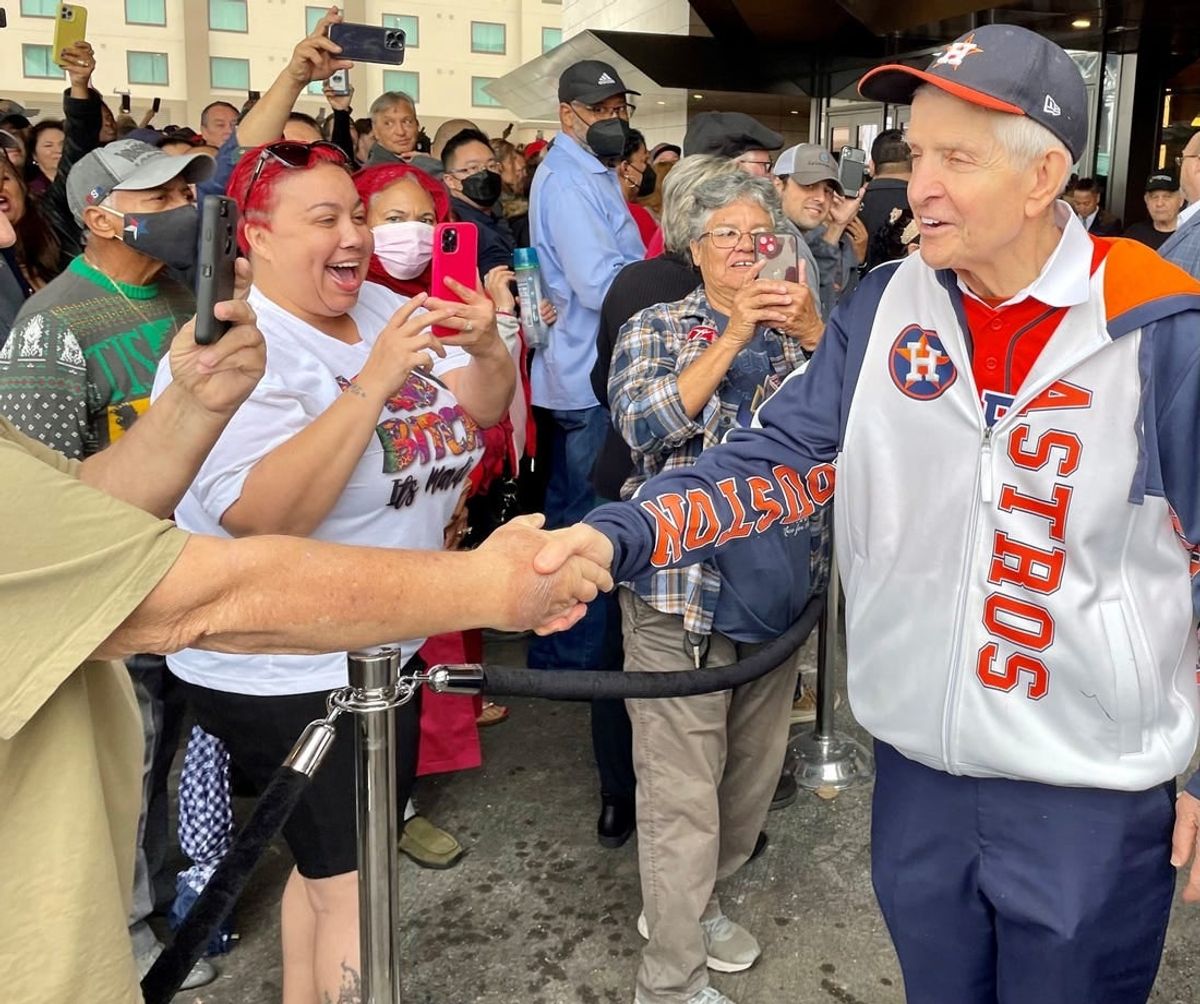 Jim McIngvale, known as Mattress Mack, is greeted by fans outside the newly opened Horseshoe Casino in Westlake, La., on Dec. 12, 2022. McIngvale placed a $1 million cash bet on the Houston Cougars to win the men's Final Four.

Mattress Mack Fans