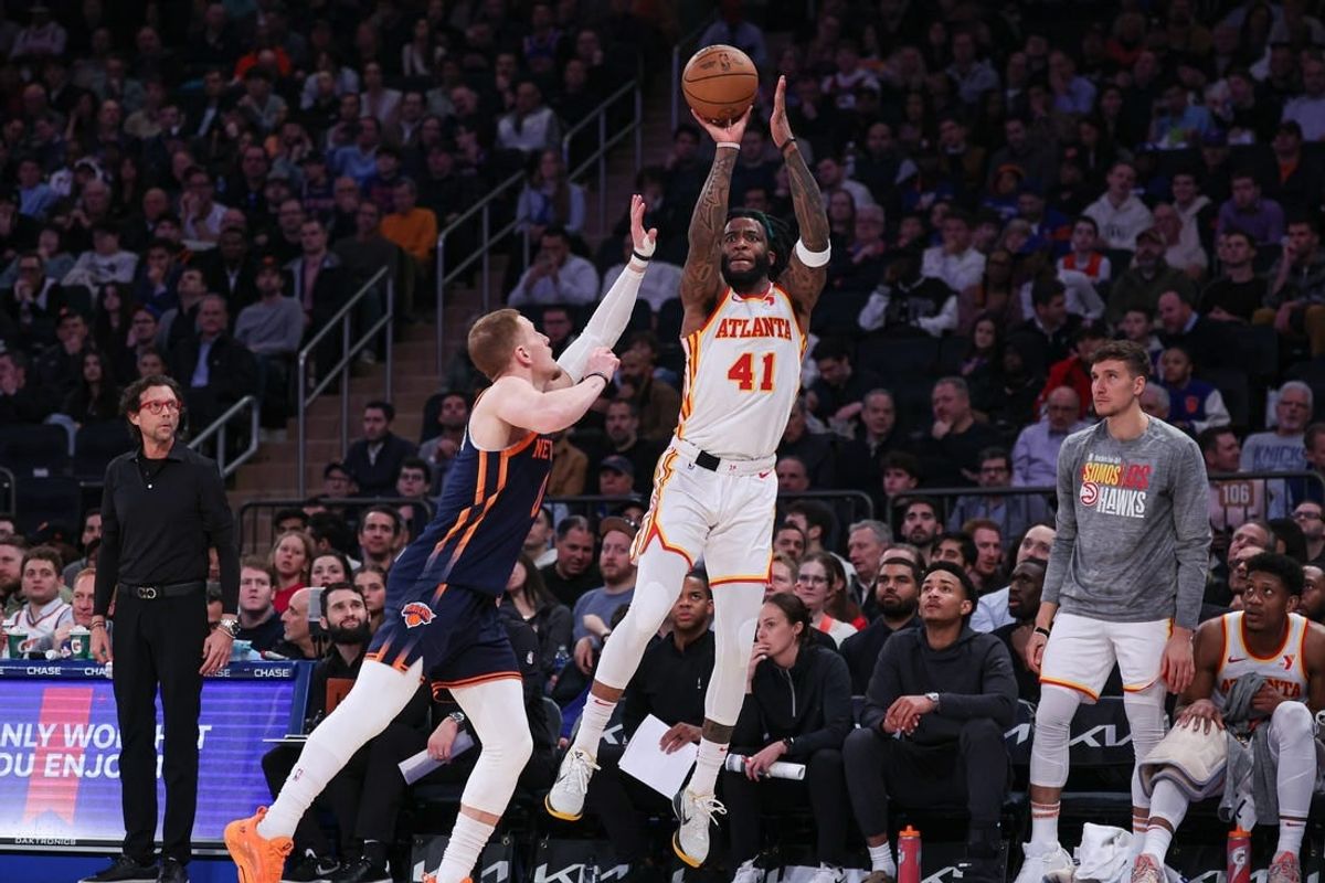 Mar 5, 2024; New York, New York, USA; Atlanta Hawks forward Saddiq Bey (41) shoots against New York Knicks guard Donte DiVincenzo (0) during the first half at Madison Square Garden.