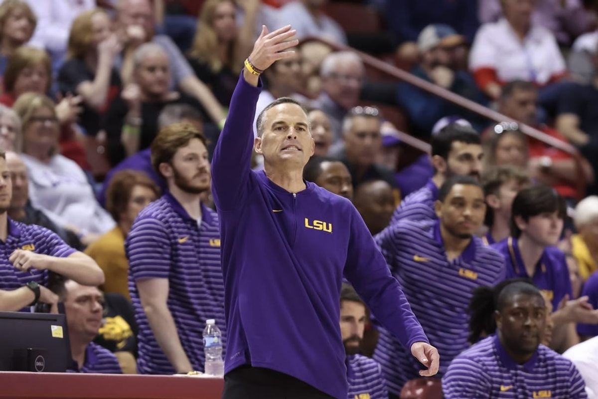 Nov 16, 2023; Charleston, South Carolina, USA; LSU Tigers head coach Matt McMahon reacts in the second half against the Dayton Flyers at TD Arena.
