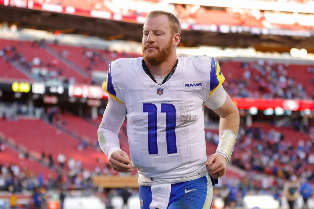 Jan 7, 2024; Santa Clara, California, USA; Los Angeles Rams quarterback Carson Wentz (11) after the game against the San Francisco 49ers at Levi's Stadium.