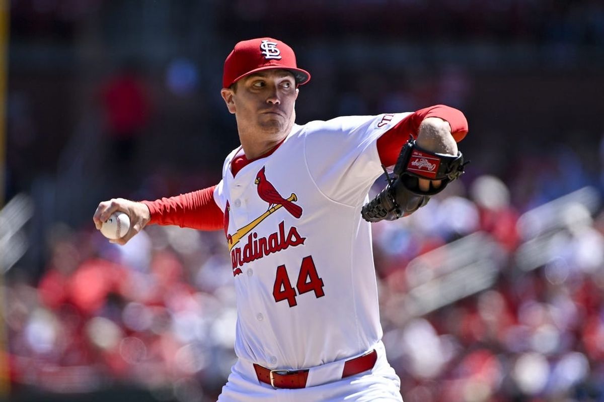 Apr 24, 2024; St. Louis, Missouri, USA;  St. Louis Cardinals starting pitcher Kyle Gibson (44) pitches against the Arizona Diamondbacks during the second inning at Busch Stadium.