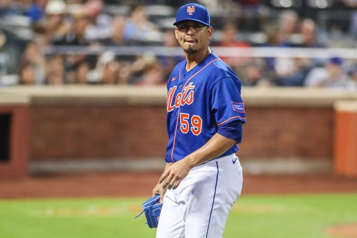 Aug 26, 2023; New York City, New York, USA;  New York Mets starting pitcher Carlos Carrasco (59) at Citi Field.