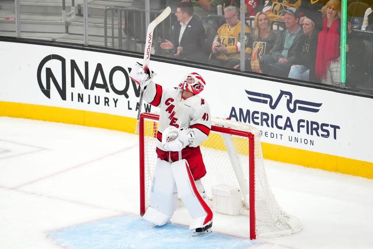Feb 17, 2024; Las Vegas, Nevada, USA; Carolina Hurricanes goaltender Spencer Martin (41) celebrates after the Hurricanes defeated the Vegas Golden Knights 3-1 at T-Mobile Arena.