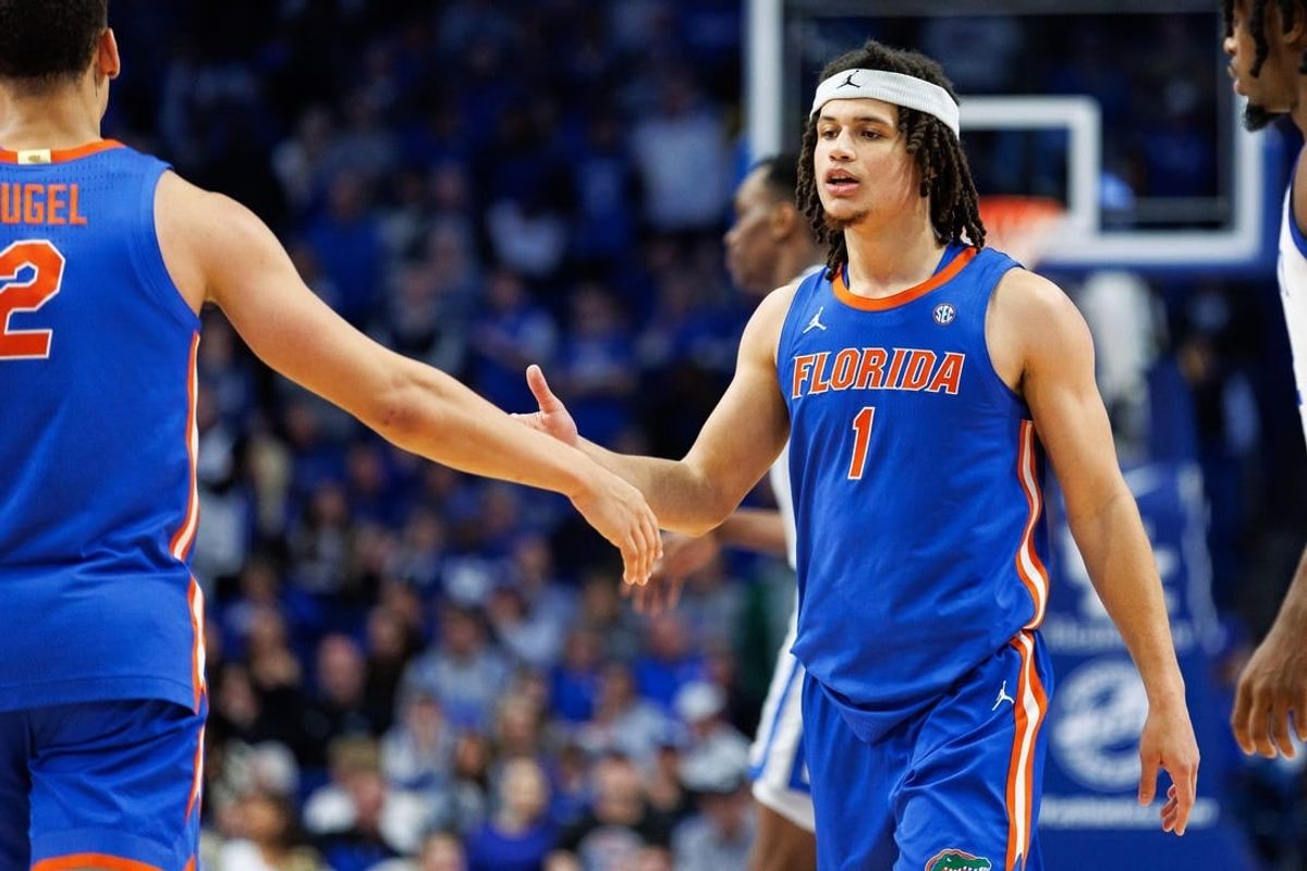 Jan 31, 2024; Lexington, Kentucky, USA; Florida Gators guard Walter Clayton Jr. (1) celebrates during overtime against the Kentucky Wildcats at Rupp Arena at Central Bank Center.