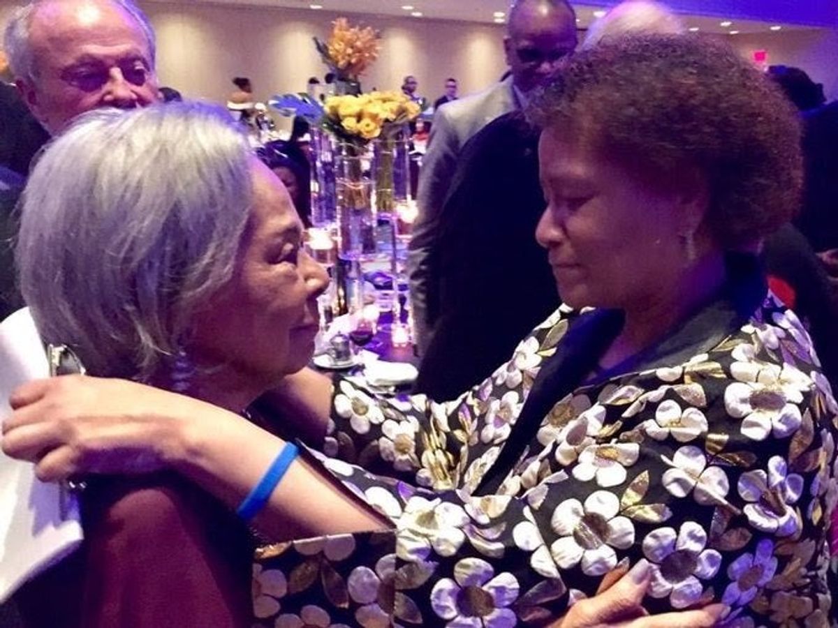 Rachel Robinson, widow of Jackie Robinson, with  legendary MLB reporter Claire Smith.