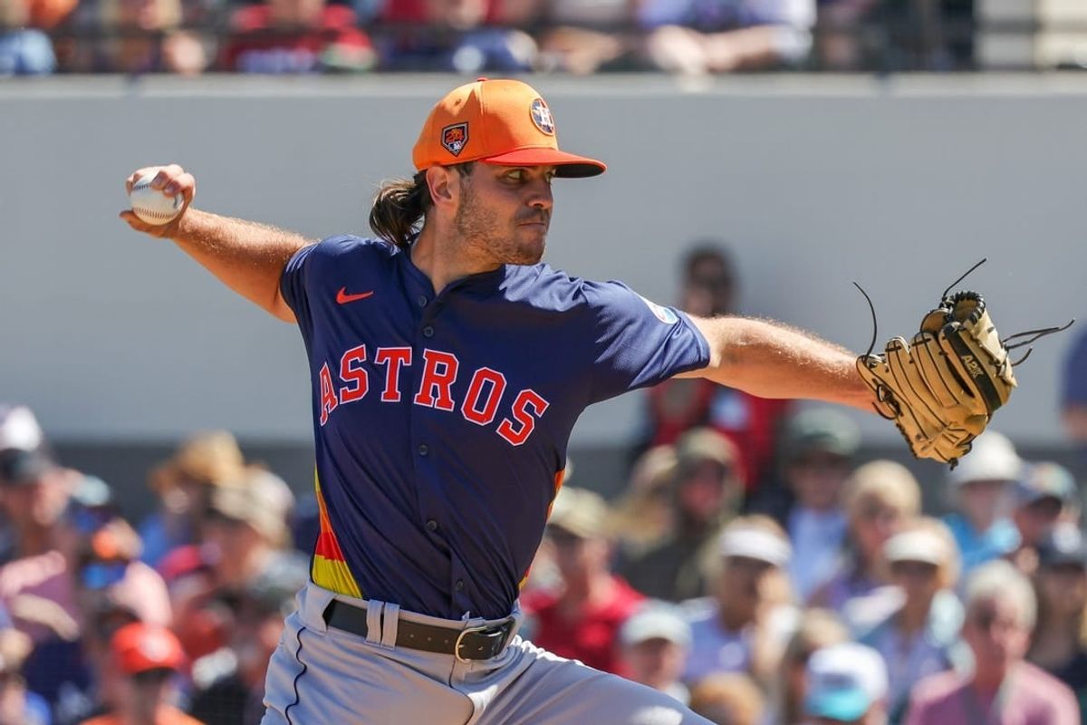 Feb 26, 2024; Lakeland, Florida, USA; Houston Astros pitcher Spencer Arrighetti (75) pitches during the first inning against the Detroit Tigers at Publix Field at Joker Marchant Stadium.