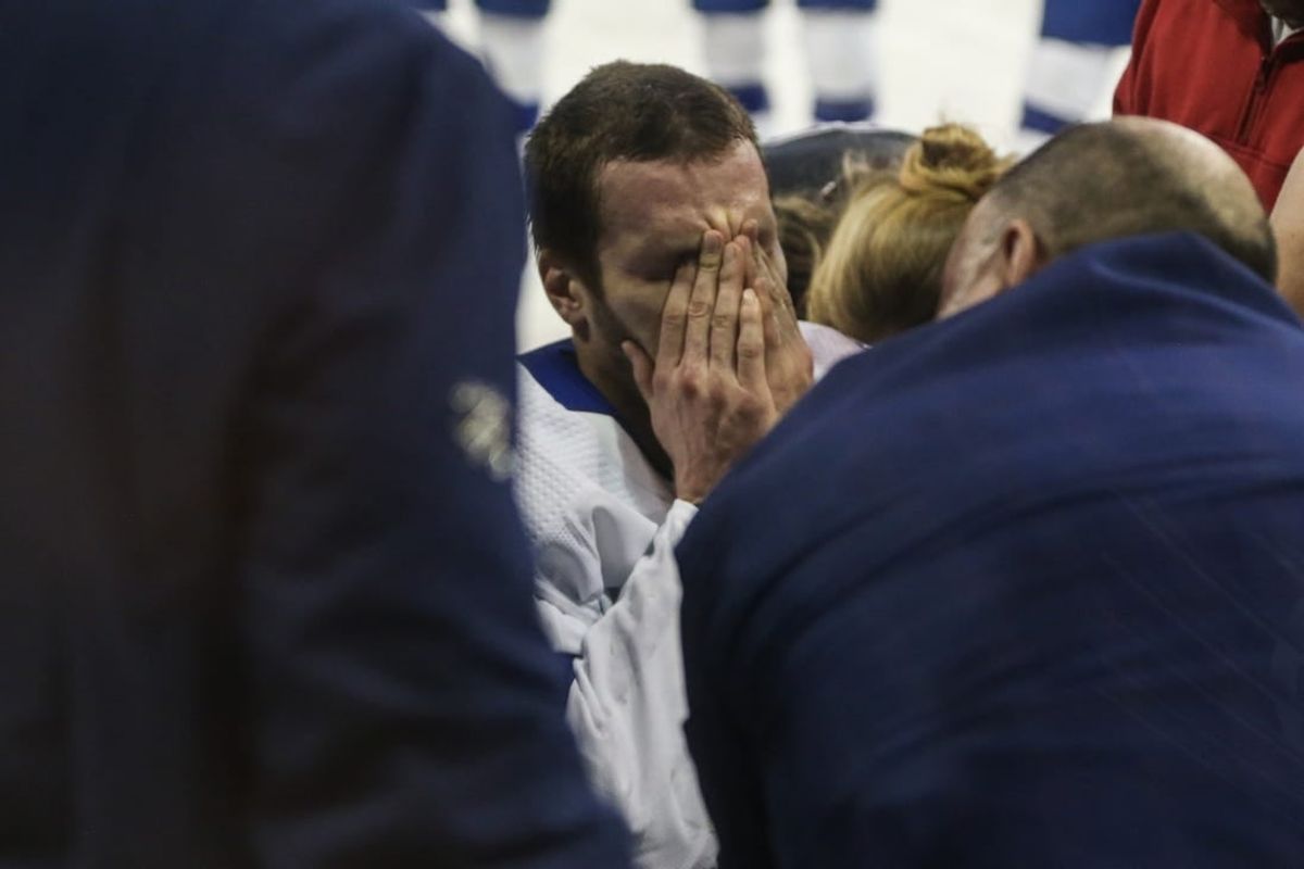 Feb 7, 2024; New York, New York, USA; Tampa Bay Lightning defenseman Mikhail Sergachev (98) reacts after suffering an injury in the second period against the New York Rangers at Madison Square Garden.