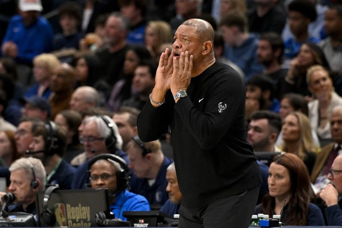 Feb 3, 2024; Dallas, Texas, USA; Milwaukee Bucks head coach Doc Rivers yells to his team during the second quarter against the Dallas Mavericks at the American Airlines Center.