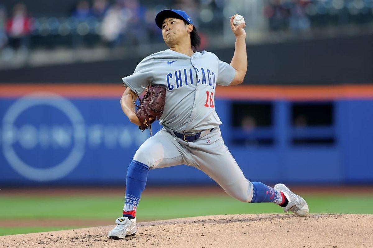 May 1, 2024; New York City, New York, USA; Chicago Cubs starting pitcher Shota Imanaga (18) pitches against the New York Mets during the first inning at Citi Field.