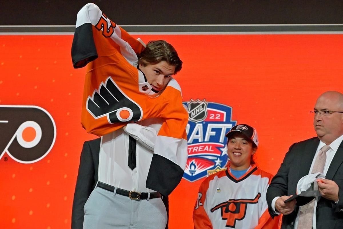 Jul 7, 2022; Montreal, Quebec, CANADA; Cutter Gauthier after being selected as the number five overall pick to the Philadelphia Flyers in the first round of the 2022 NHL Draft at Bell Centre.