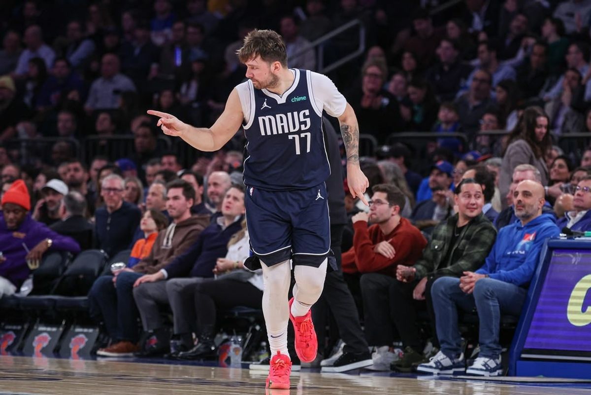 Feb 8, 2024; New York, New York, USA; Dallas Mavericks guard Luka Doncic (77) reacts after a basket against the New York Knicks during the second half at Madison Square Garden.
