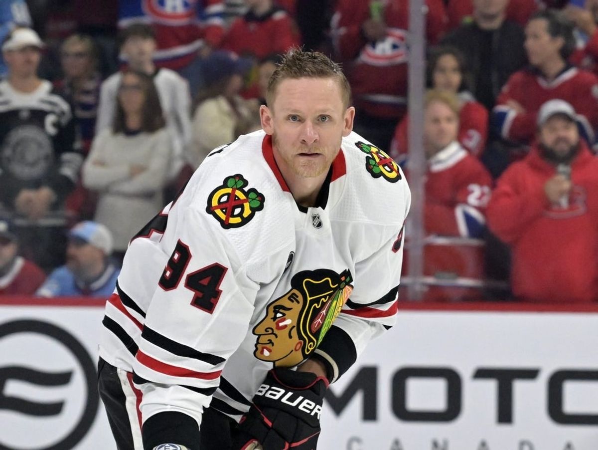 Oct 14, 2023; Montreal, Quebec, CAN; Chicago Blackhawks forward  Corey Perry (94) skates during the warmup period before the game against the Montreal Canadiens at the Bell Centre.