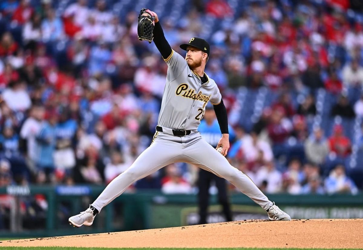 Apr 12, 2024; Philadelphia, Pennsylvania, USA; Pittsburgh Pirates starting pitcher Bailey Falter (26) throws a pitch against the Philadelphia Phillies in the first inning at Citizens Bank Park.
