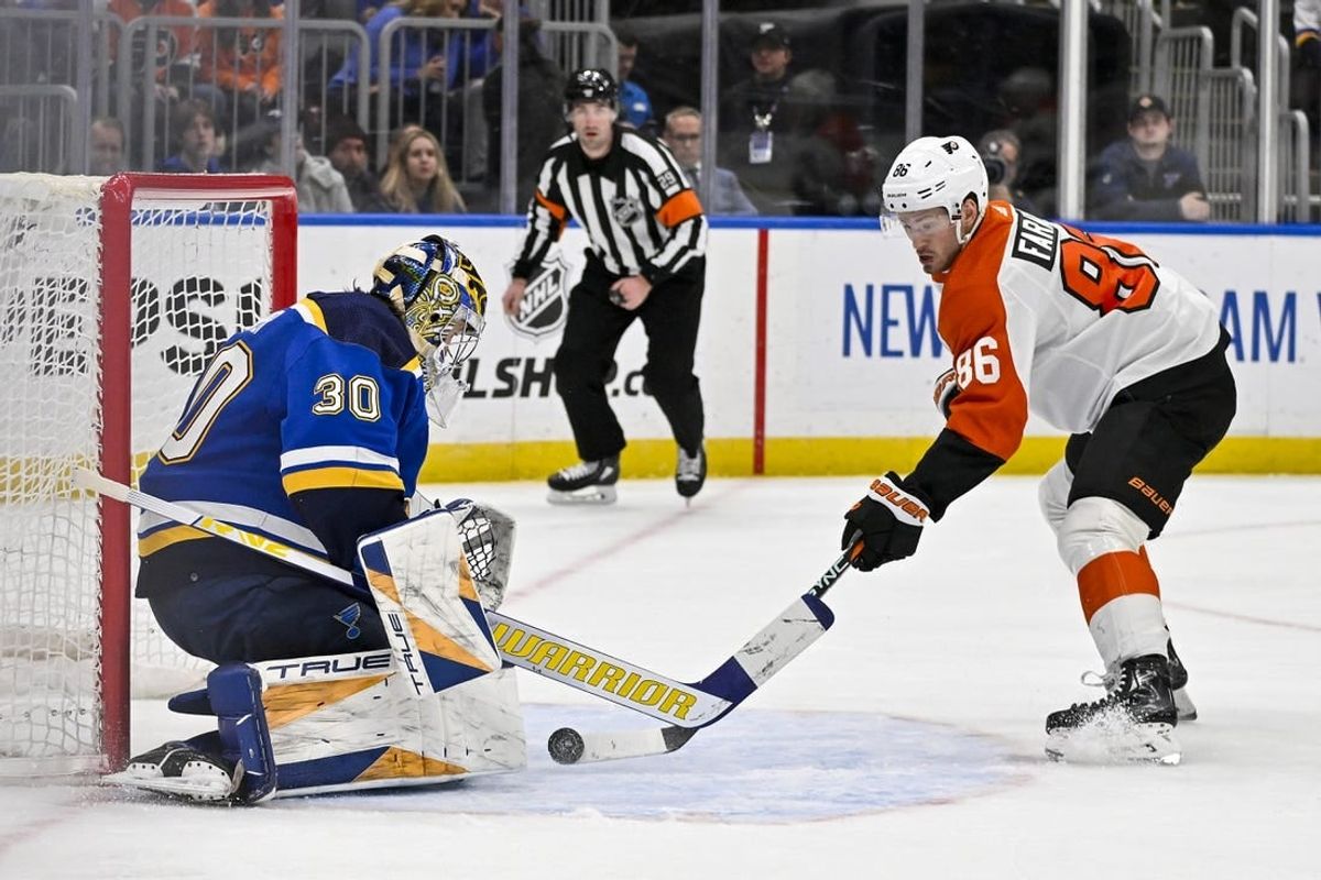 Jan 15, 2024; St. Louis, Missouri, USA;  Philadelphia Flyers left wing Joel Farabee (86) shoots against St. Louis Blues goaltender Joel Hofer (30) during the first period at Enterprise Center.