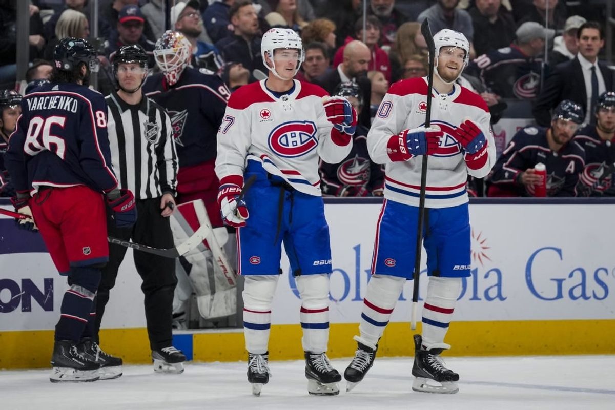 Nov 29, 2023; Columbus, Ohio, USA;  Montreal Canadiens defenseman Gustav Lindstrom (27) celebrates scoring a goal against the Columbus Blue Jackets in the third period at Nationwide Arena.
