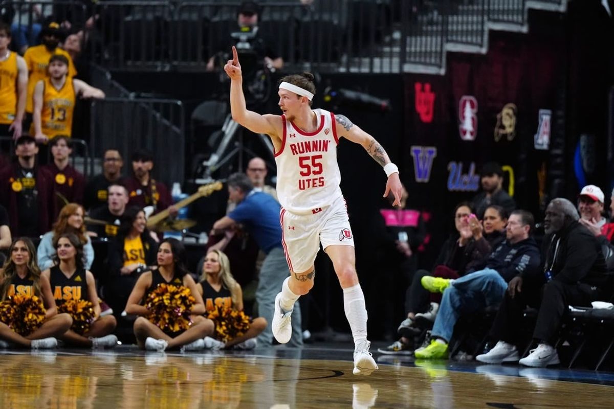 Mar 13, 2024; Las Vegas, NV, USA; Utah Utes guard Gabe Madsen (55) celebrates against the Arizona State Sun Devils in the first half at T-Mobile Arena.
