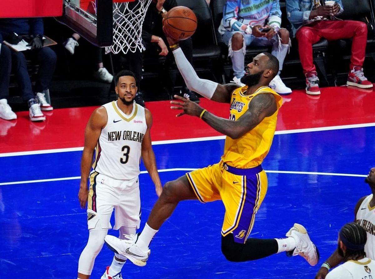 Dec 7, 2023; Las Vegas, Nevada, USA; Los Angeles Lakers forward LeBron James (23) shoots the ball against Los Angeles Lakers forward Anthony Davis (3) in the NBA In Season Tournament Semifinal at T-Mobile Arena.