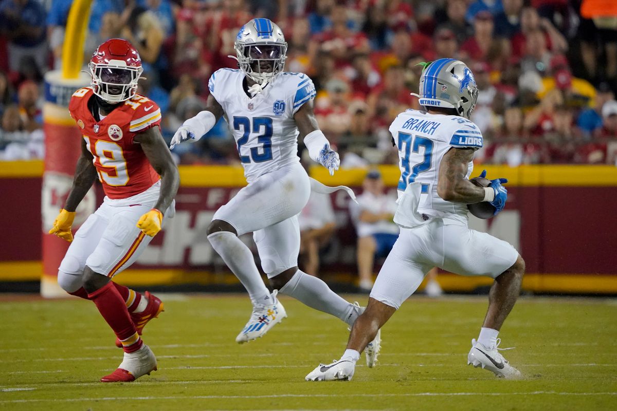 Detroit Lions S Brian Branch intercepts a pass intended for Kansas City Chiefs WR Kadarius Toney