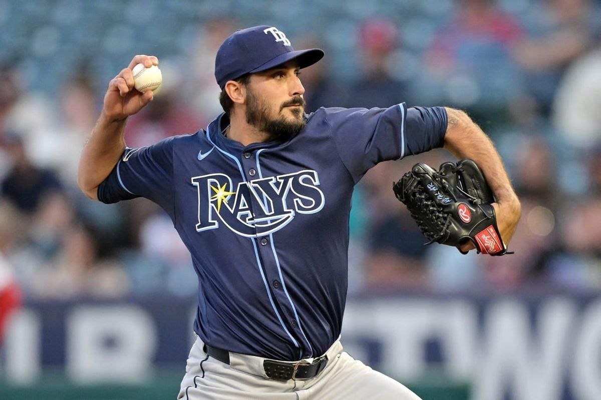 Apr 8, 2024; Anaheim, California, USA; Tampa Bay Rays pitcher Zach Eflin (24) pitches in the second inning against the Los Angeles Angels at Angel Stadium.