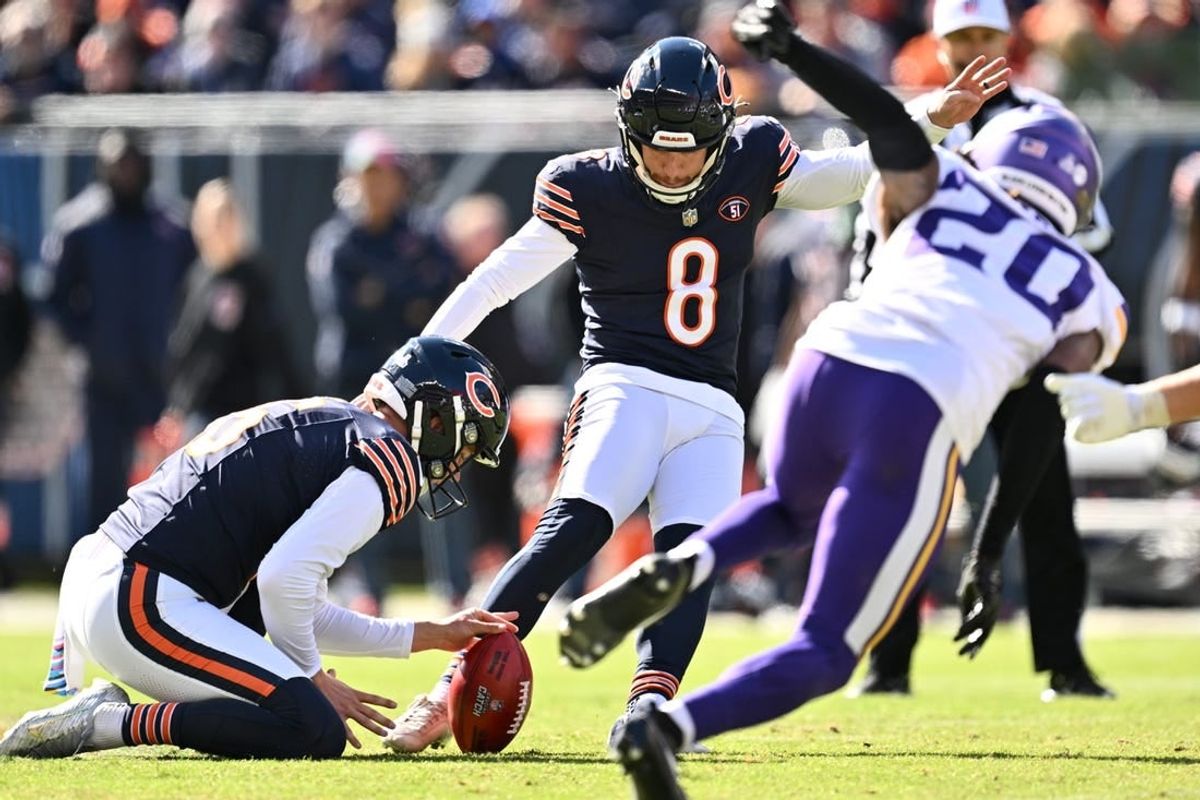 Oct 15, 2023; Chicago, Illinois, USA;  Chicago Bears kicker Cairo Santos (8) kicks a 53-yard field goal in the first half against the Minnesota Vikings at Soldier Field.