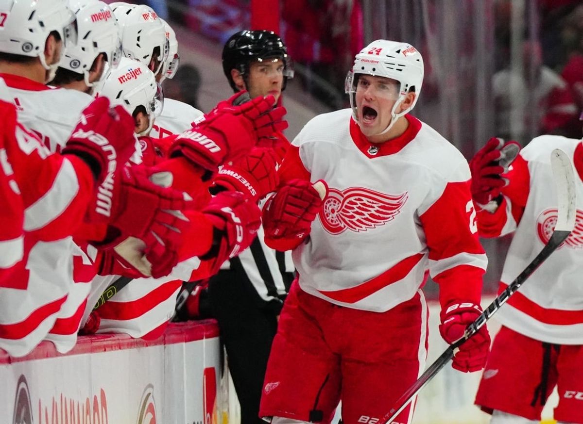 Jan 19, 2024; Raleigh, North Carolina, USA;  Detroit Red Wings center Klim Kostin (24) celebrates his goal against the Carolina Hurricanes during the first period at PNC Arena.