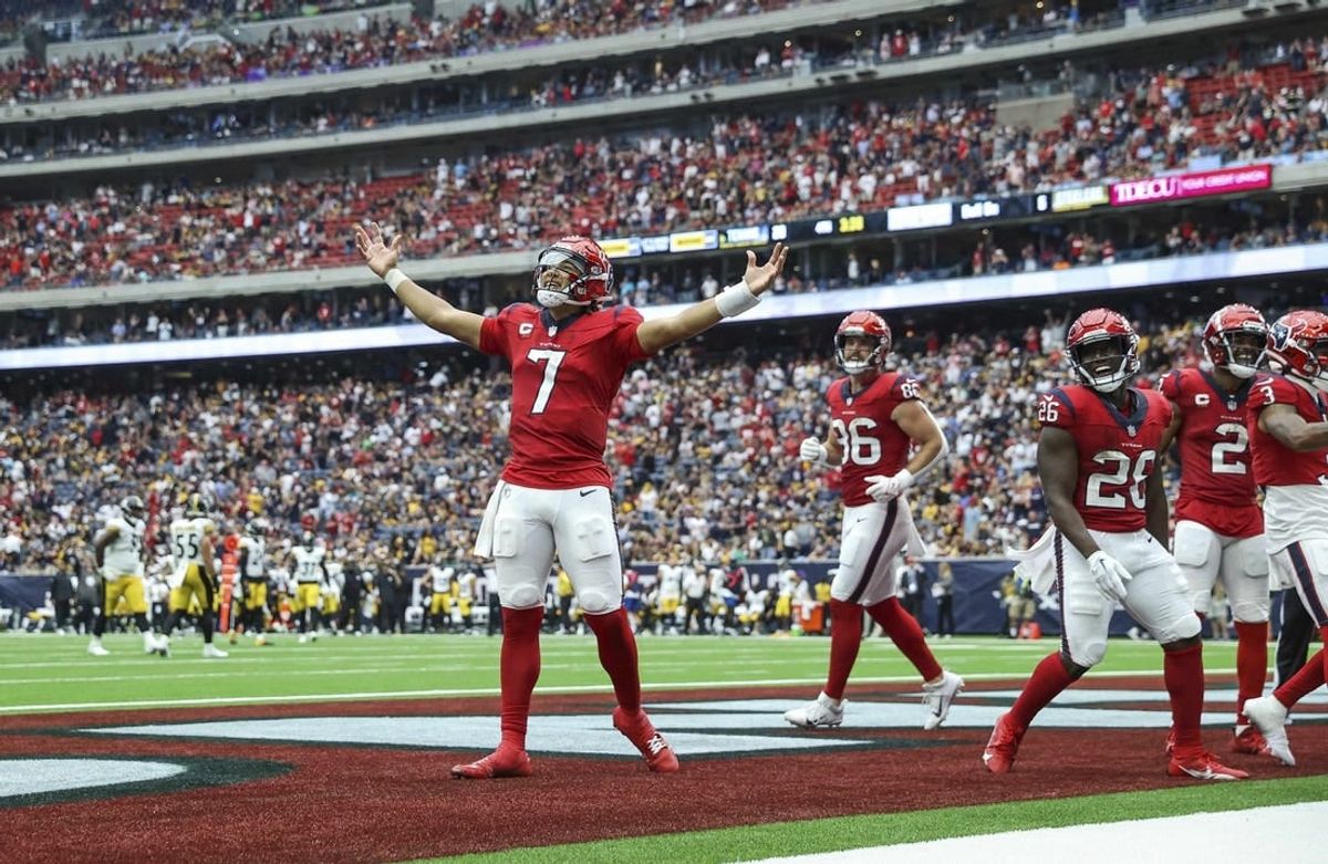Oct 1, 2023; Houston, Texas, USA; Houston Texans quarterback C.J. Stroud (7) celebrates after a touchdown against the Pittsburgh Steelers at NRG Stadium.