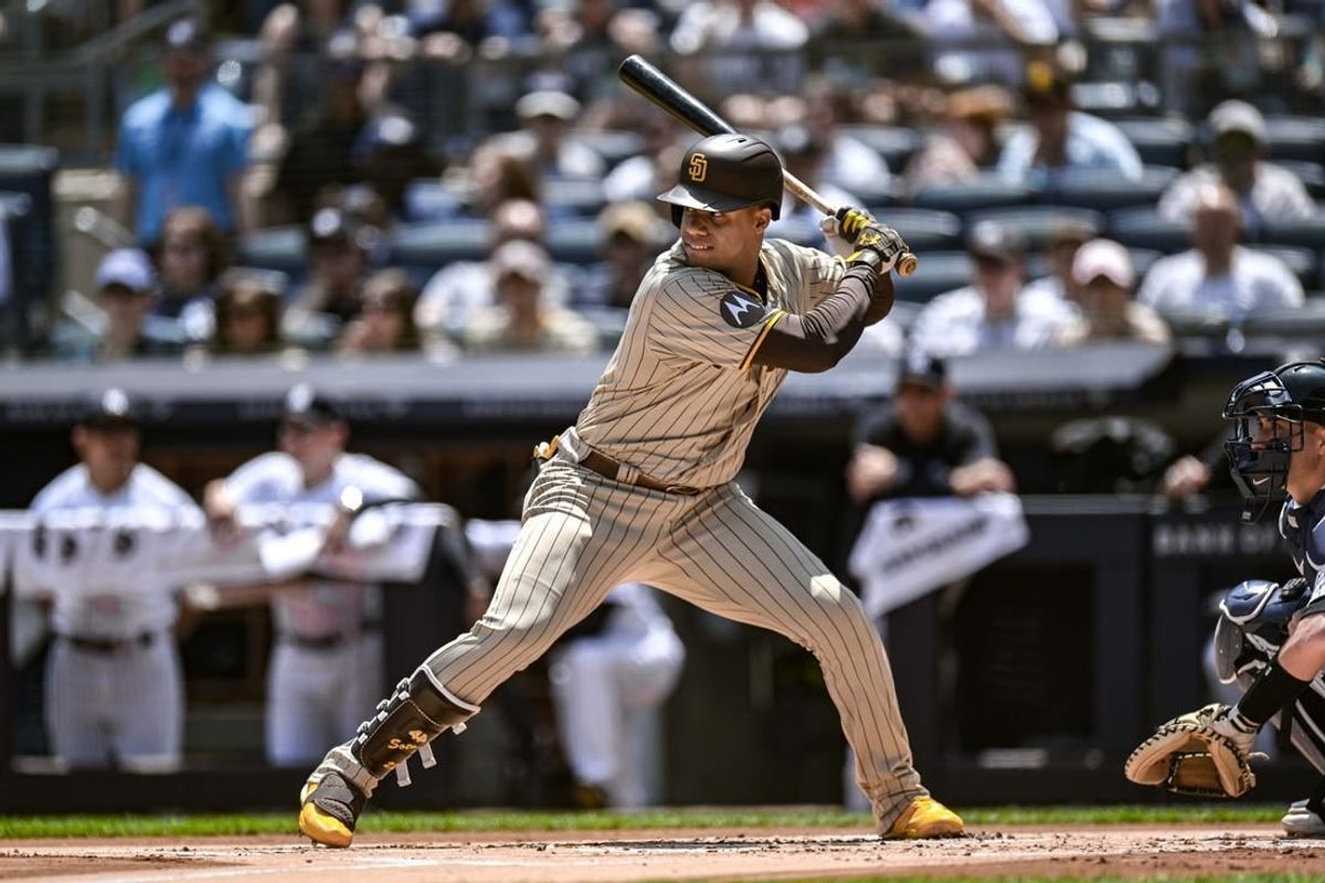 San Diego Padres left fielder Juan Soto (22) at bat against the New York Yankees at Yankee Stadium.
