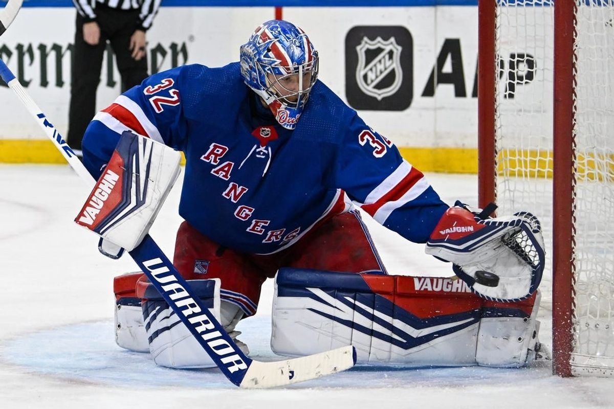 Feb 5, 2024; New York, New York, USA;  New York Rangers goaltender Jonathan Quick (32) makes a save against the Colorado Avalanche during the third period at Madison Square Garden.