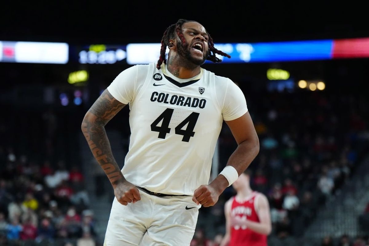Mar 14, 2024; Las Vegas, NV, USA; Colorado Buffaloes center Eddie Lampkin Jr. (44) celebrates in the first half against the Utah Utes at T-Mobile Arena.