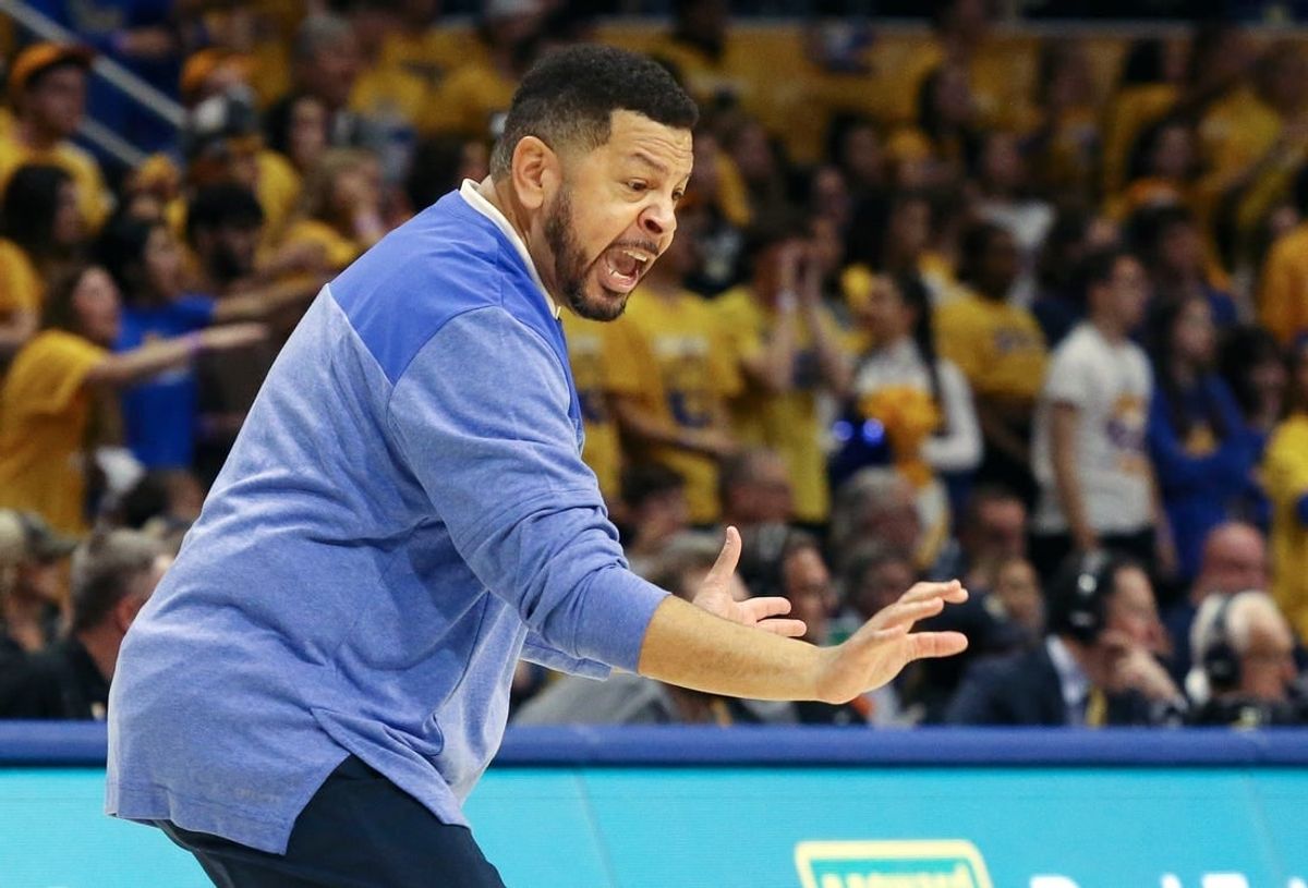 Nov 11, 2022; Pittsburgh, Pennsylvania, USA; Pittsburgh Panthers head coach Jeff Capel reacts against the West Virginia Mountaineers during the first half at the Petersen Events Center. West Virginia won 81-56.