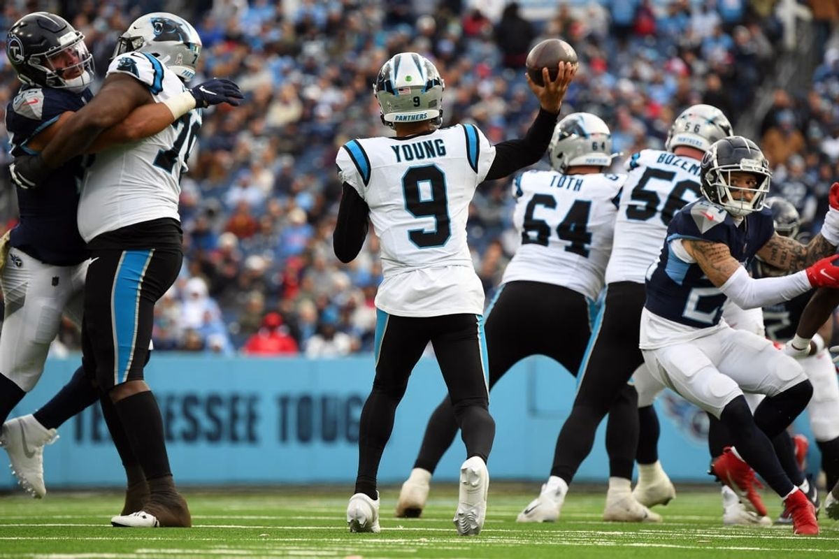 Nov 26, 2023; Nashville, Tennessee, USA; Carolina Panthers quarterback Bryce Young (9) attempts a pass during the second half against the Tennessee Titans at Nissan Stadium.