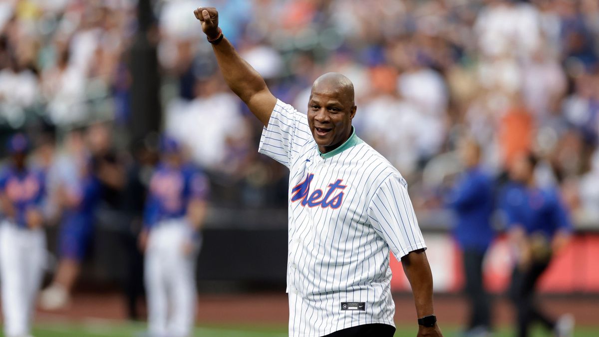 Mets’ Darryl Strawberry gestures before throwing out a ceremonial first pitch at Citi Field on July 26, 2022, in New York City.