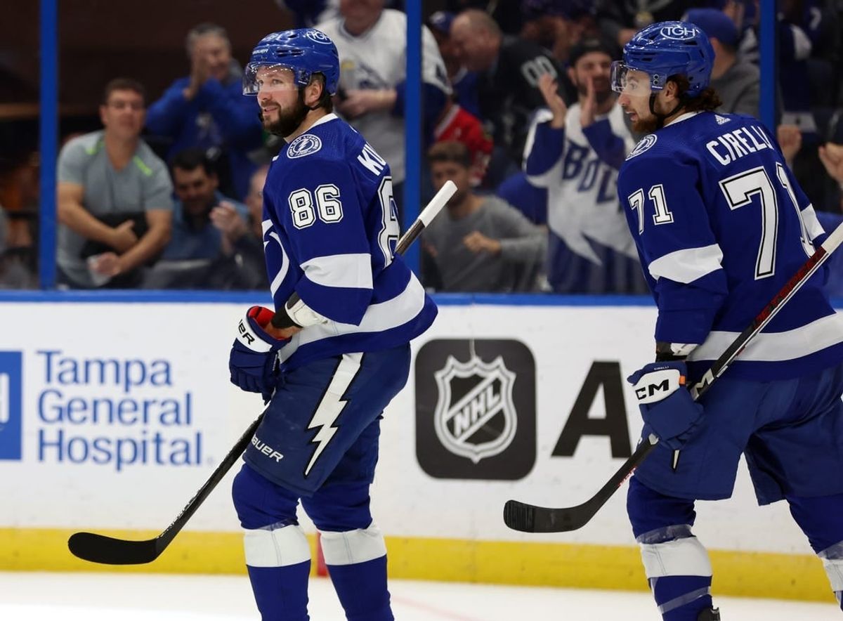 Nov 9, 2023; Tampa, Florida, USA; Tampa Bay Lightning right wing Nikita Kucherov (86) celebrates after he makes a goal against the Chicago Blackhawks during the first period at Amalie Arena.