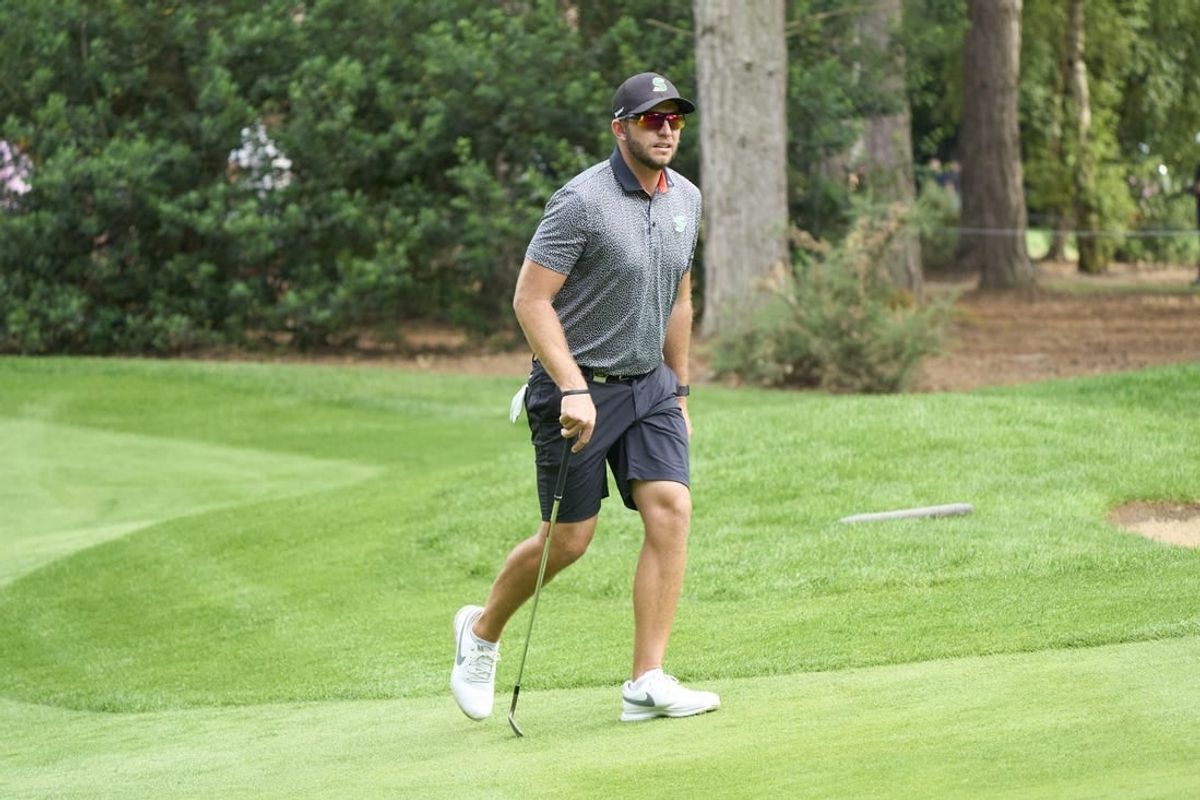Jul 8, 2023; Hertfordshire, England, GBR; Dean Burmester (ZAF) approaches the 3rd green during the second round of the LIV Golf London golf tournament at Centurion Club.