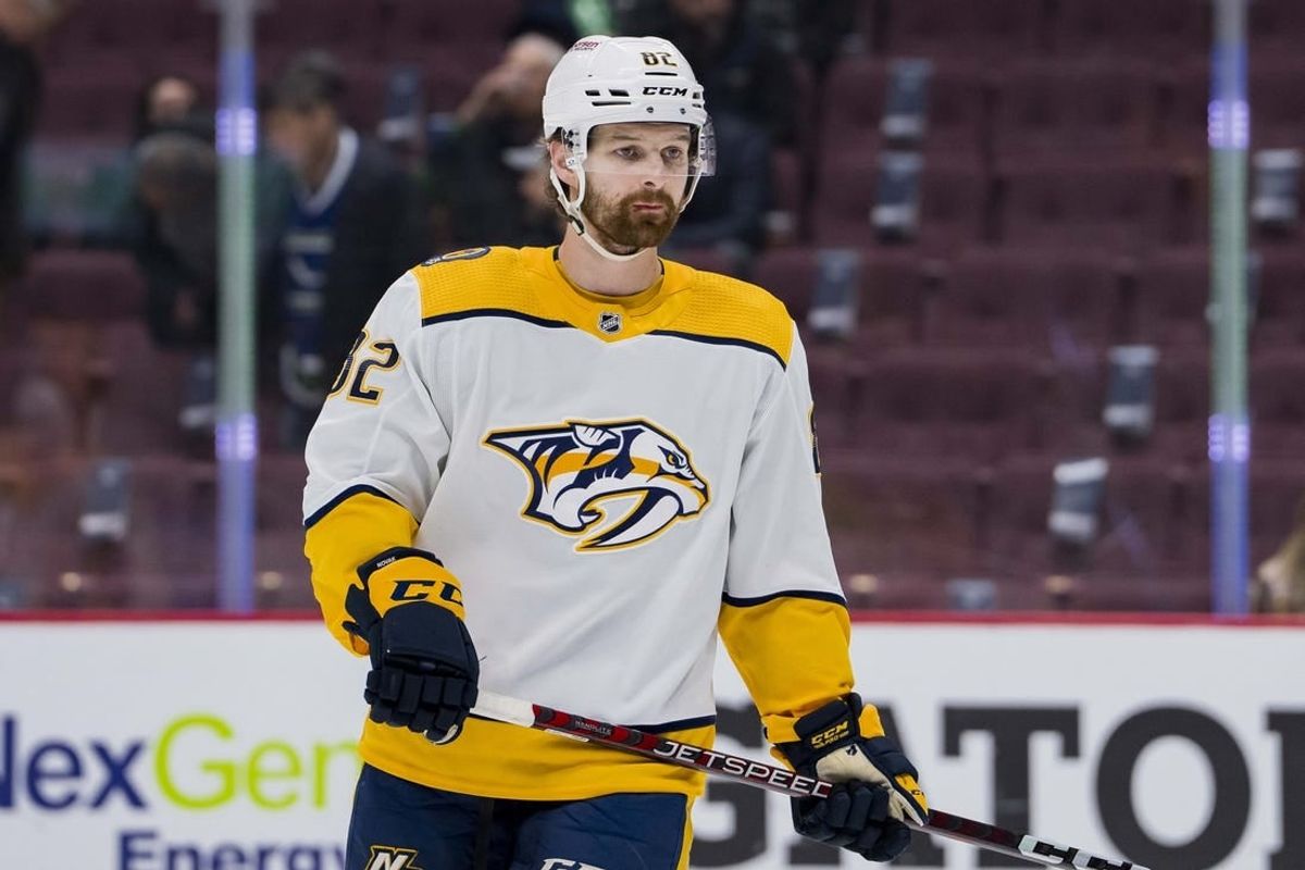 Mar 6, 2023; Vancouver, British Columbia, CAN; Nashville Predators forward Tommy Novak (82) skates during warm up prior to a game against the Vancouver Canucks at Rogers Arena. .