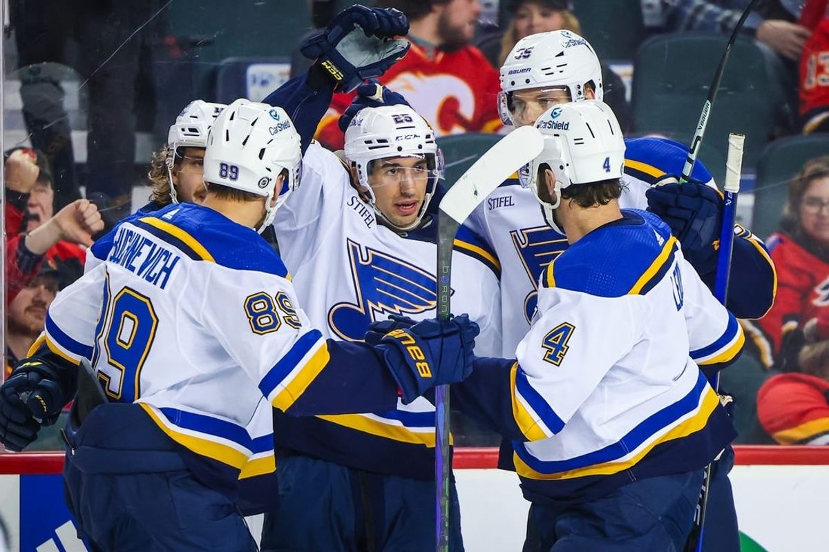 Jan 23, 2024; Calgary, Alberta, CAN; St. Louis Blues center Jordan Kyrou (25) celebrates his goal with teammates against the Calgary Flames during the third period at Scotiabank Saddledome.
