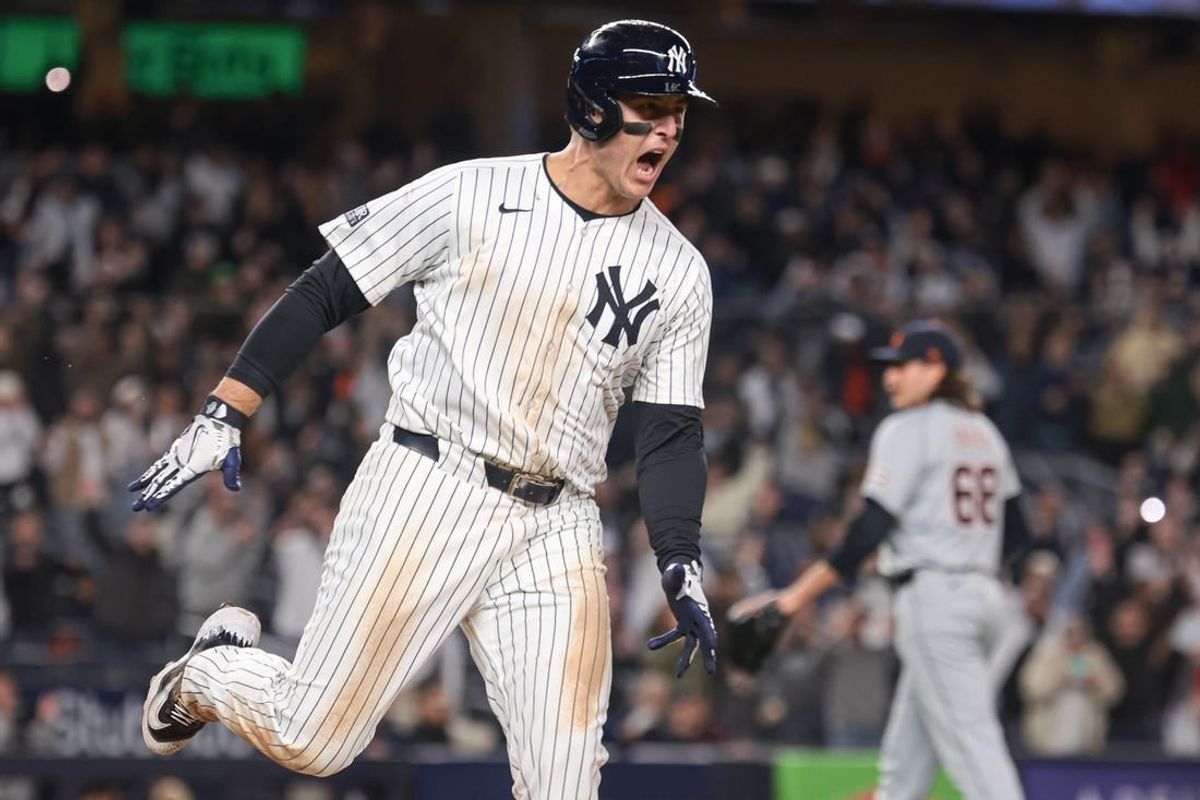May 3, 2024; Bronx, New York, USA; New York Yankees first baseman Anthony Rizzo (48) reacts after his game winning RBI single during the ninth inning against Detroit Tigers relief pitcher Jason Foley (68) at Yankee Stadium.