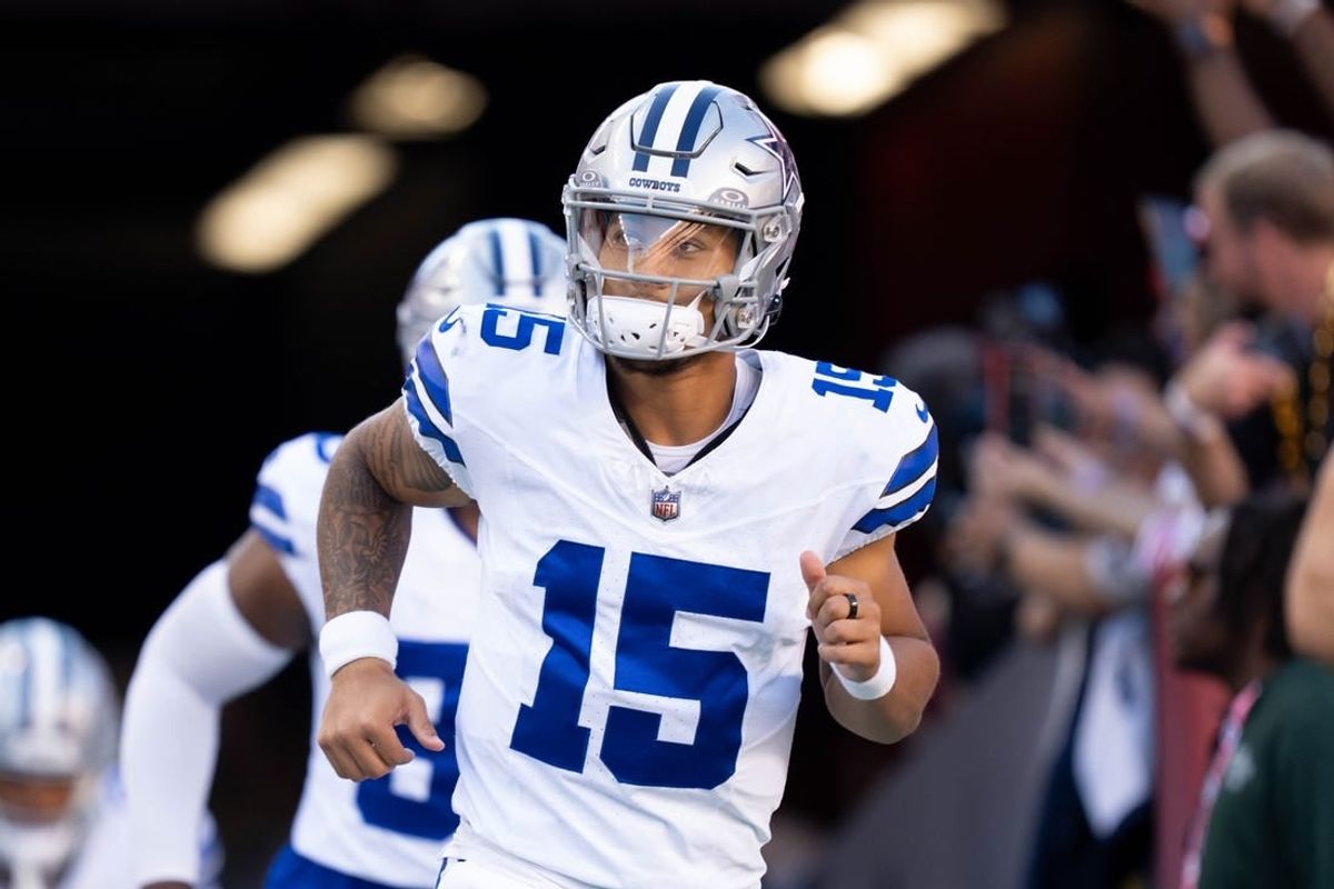 October 8, 2023; Santa Clara, California, USA; Dallas Cowboys quarterback Trey Lance (15) before the game against the San Francisco 49ers at Levi's Stadium.