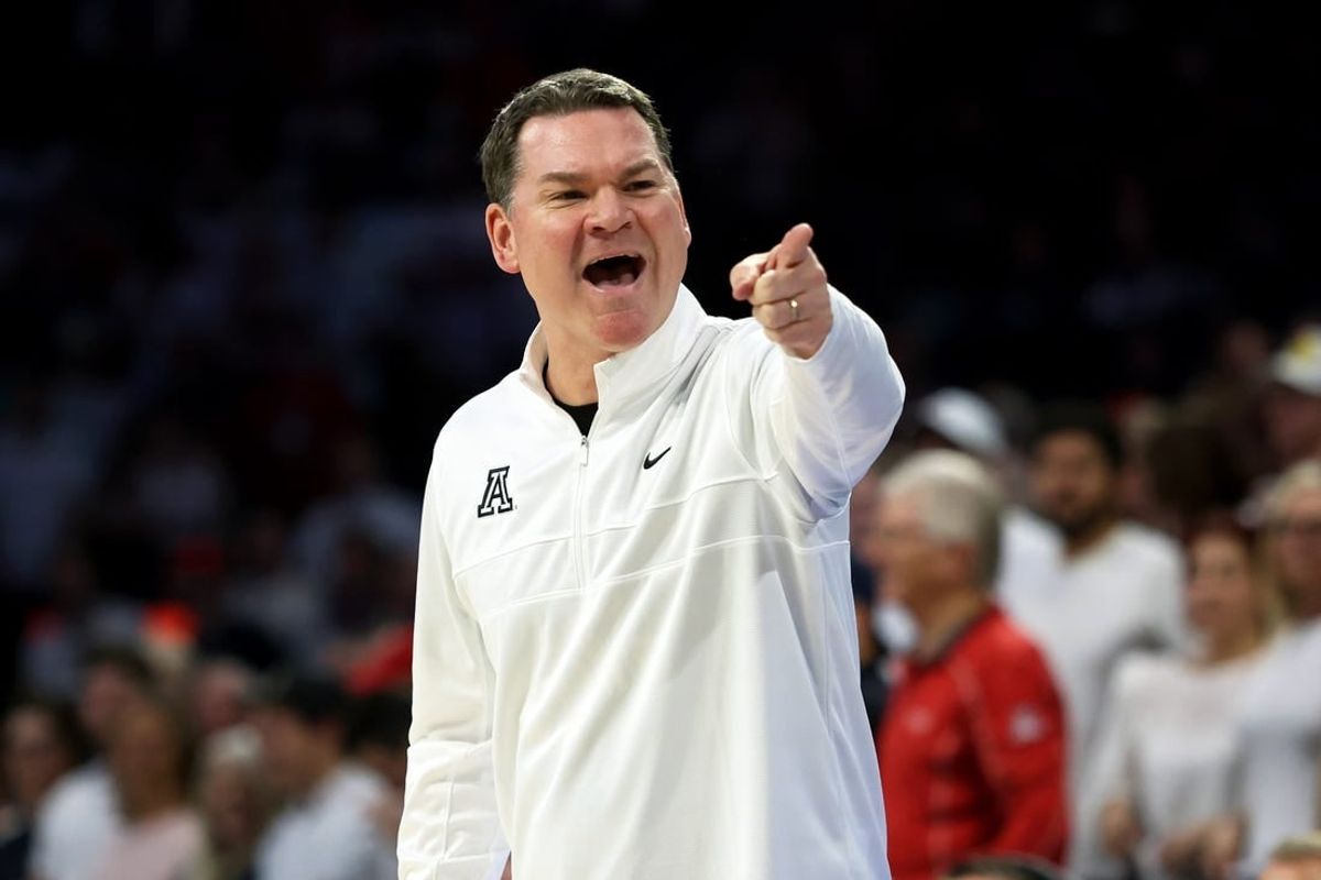 Mar 2, 2024; Tucson, Arizona, USA; Arizona Wildcats head coach Tommy Lloyd on the sidelines against the Oregon Ducks during the first half at McKale Center.