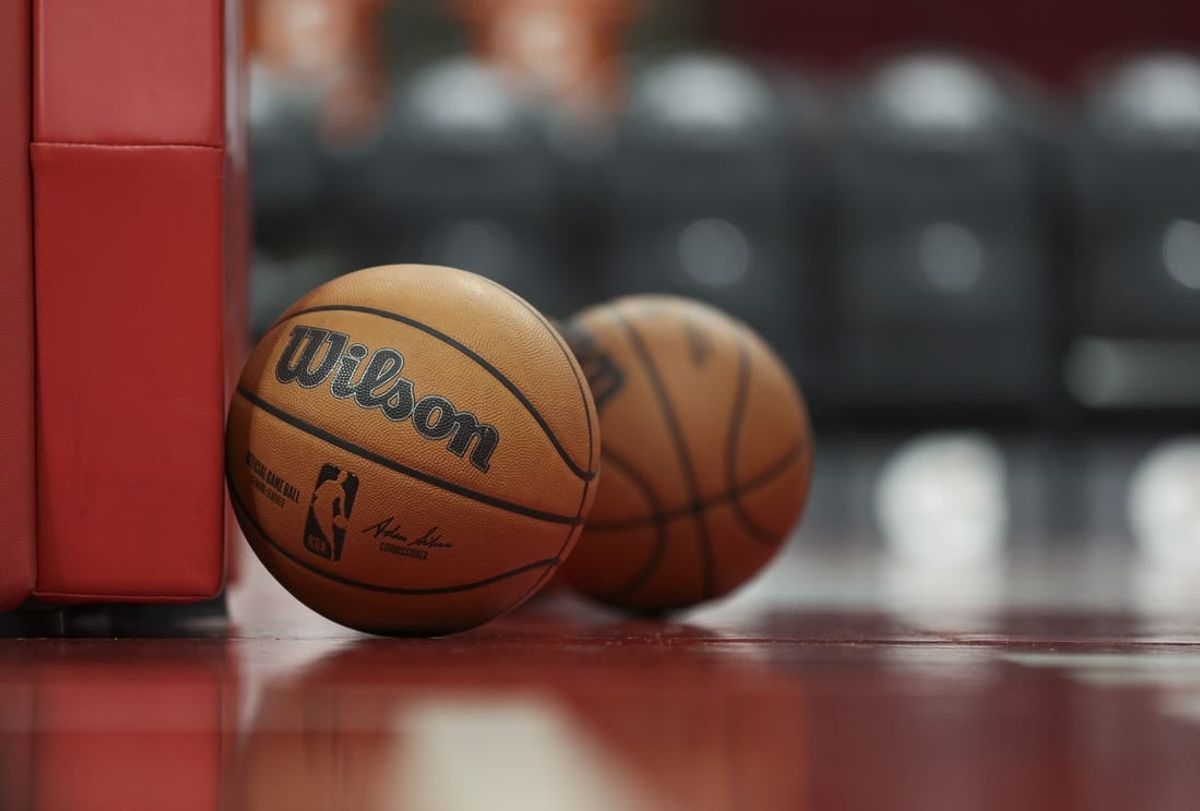 Jan 2, 2023; Houston, Texas, USA; General view of basketballs on the court before the game between the Houston Rockets and the Dallas Mavericks at Toyota Center.