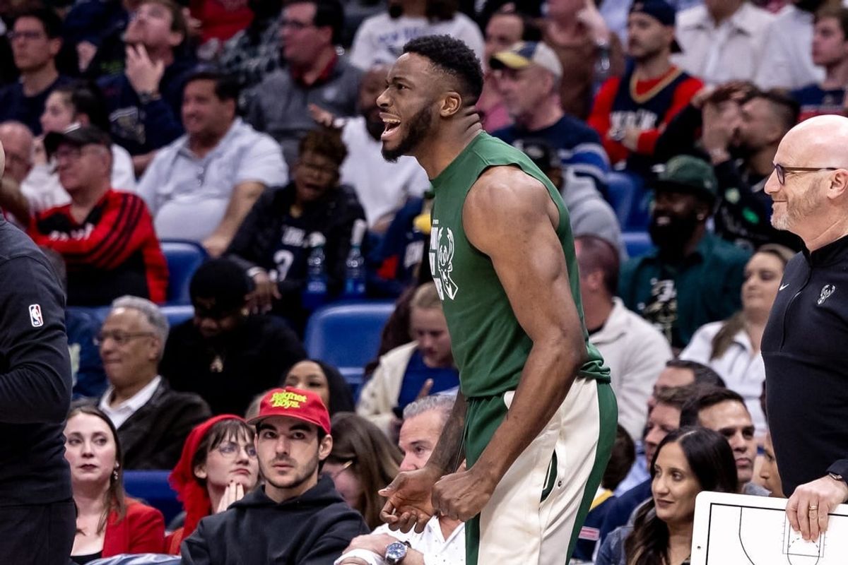 Mar 28, 2024; New Orleans, Louisiana, USA;  Milwaukee Bucks forward Thanasis Antetokounmpo (43) cheers his brother forward Giannis Antetokounmpo (34) against the New Orleans Pelicans  during the second half at Smoothie King Center.