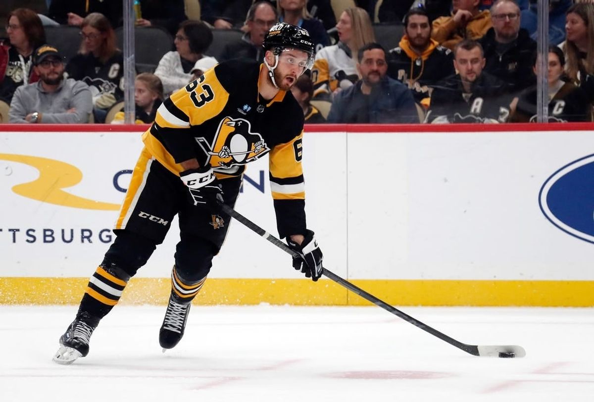 Nov 19, 2023; Pittsburgh, Pennsylvania, USA;  Pittsburgh Penguins left wing Radim Zohrna (63) moves the puck against the Vegas Golden Knights during the first period at PPG Paints Arena.
