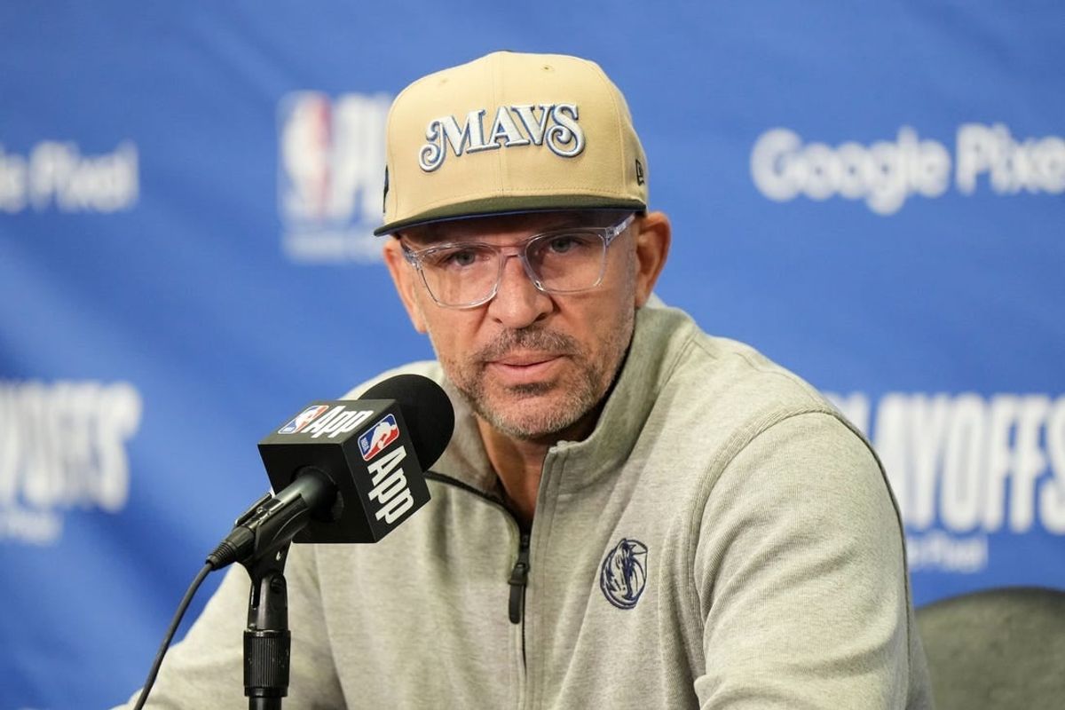 May 1, 2024; Los Angeles, California, USA; Dallas Mavericks coach Jason Kidd at a press conference during game five of the first round for the 2024 NBA playoffs at Crypto.com Arena.