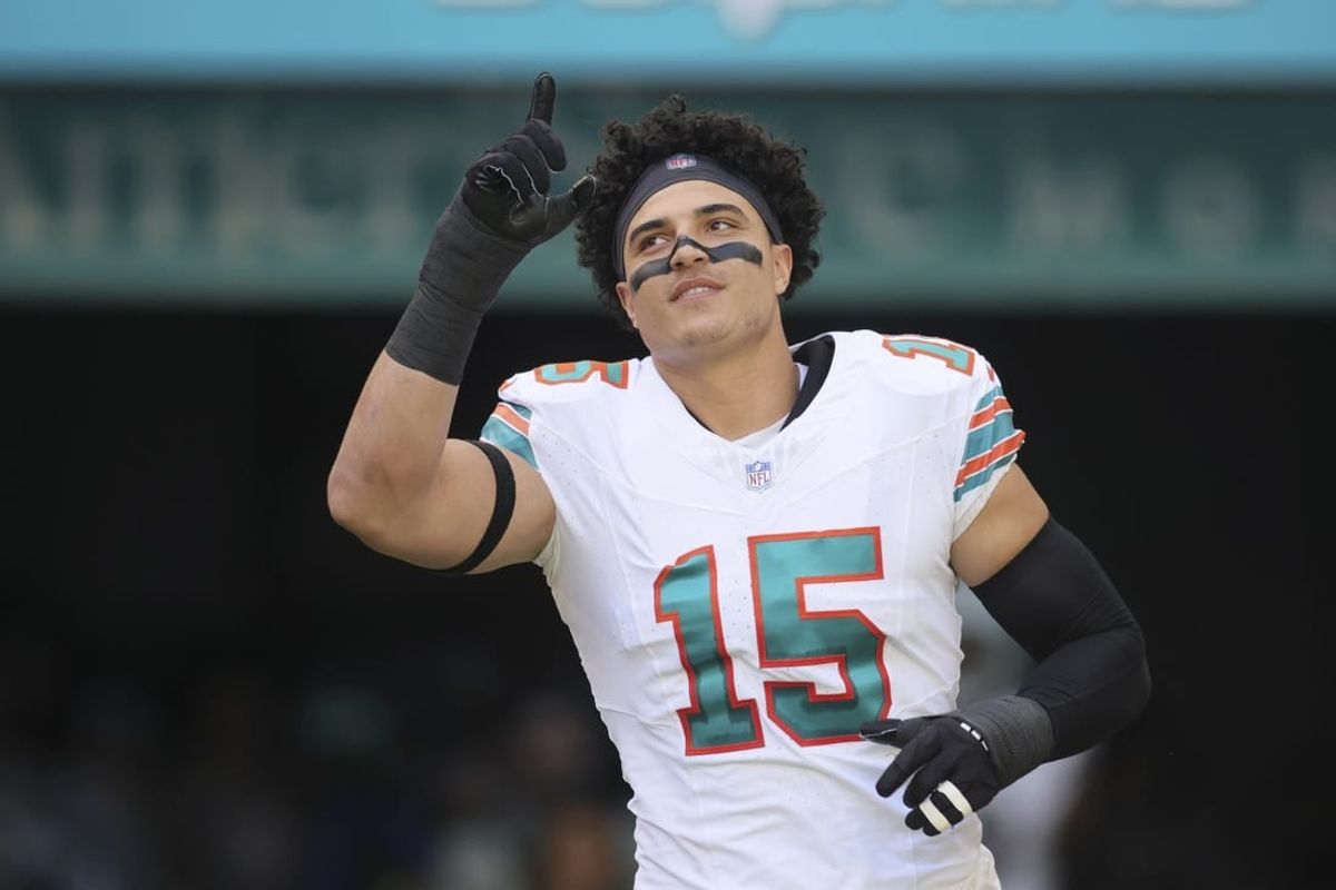 Oct 29, 2023; Miami Gardens, Florida, USA; Miami Dolphins linebacker Jaelan Phillips (15) takes on the field prior to the game against the New England Patriots at Hard Rock Stadium.