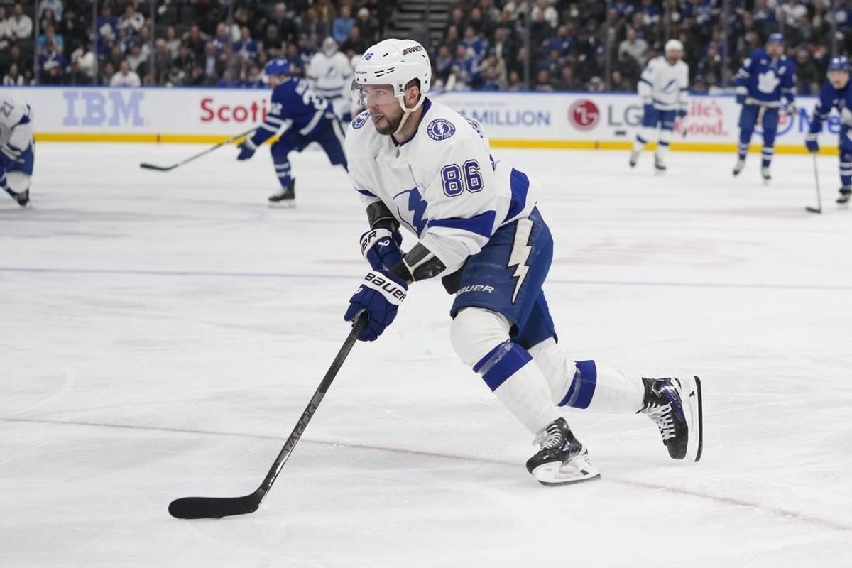 Apr 3, 2024; Toronto, Ontario, CAN; Tampa Bay Lightning forward Nikita Kucherov (86) carries the puck during the third period against the Toronto Maple Leafs at Scotiabank Arena.