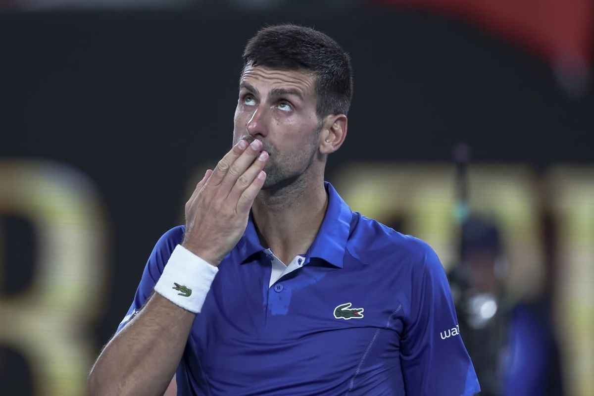 Jan 19, 2024; Melbourne, Victoria, Australia; Novak Djokovic of Serbia celebrates his win against Tomas Martin Etcheverry (not pictured) of Argentina in Round 3 of the Men's Singles on Day 6 of the Australian Open tennis at Rod Laver Arena.