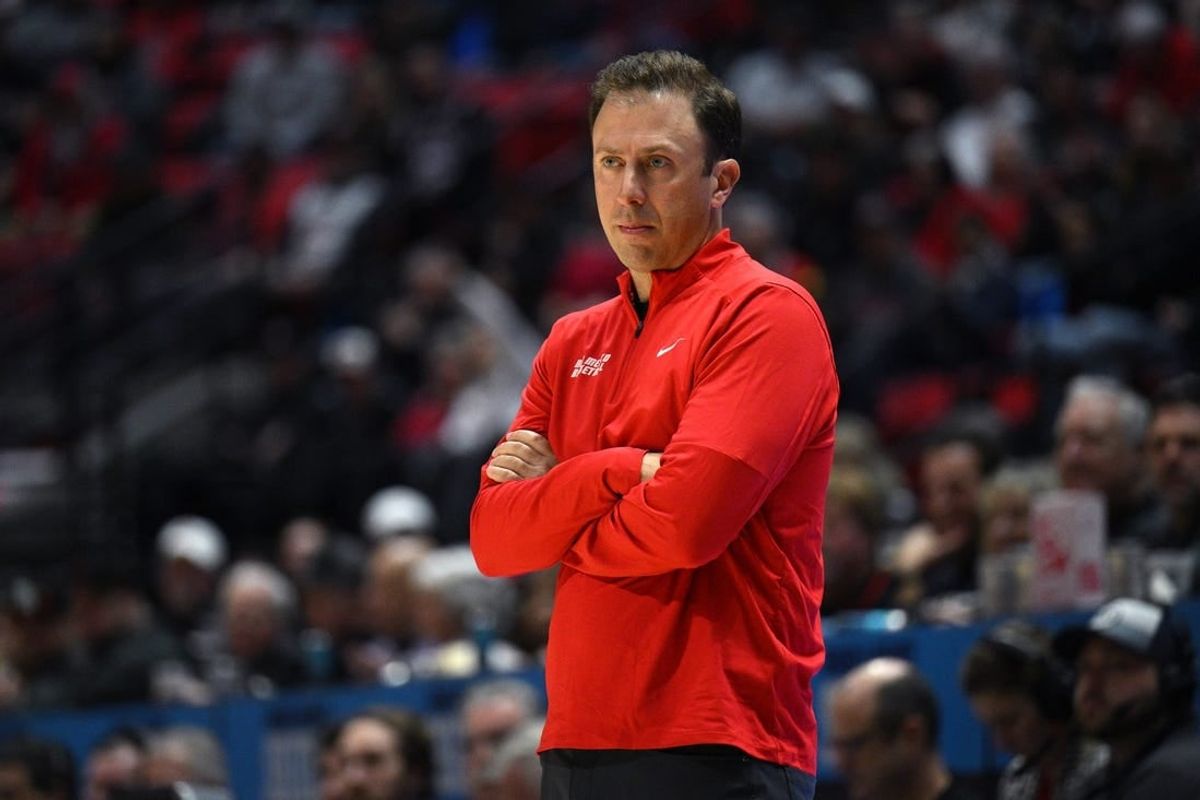 Jan 14, 2023; San Diego, California, USA; New Mexico Lobos head coach Richard Pitino looks on during the first half against the San Diego State Aztecs at Viejas Arena.
